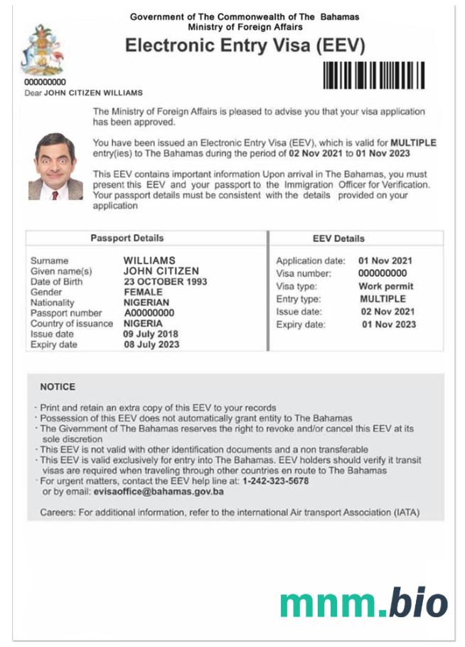 Bahamy E-visa w pełni edytowalne PSD